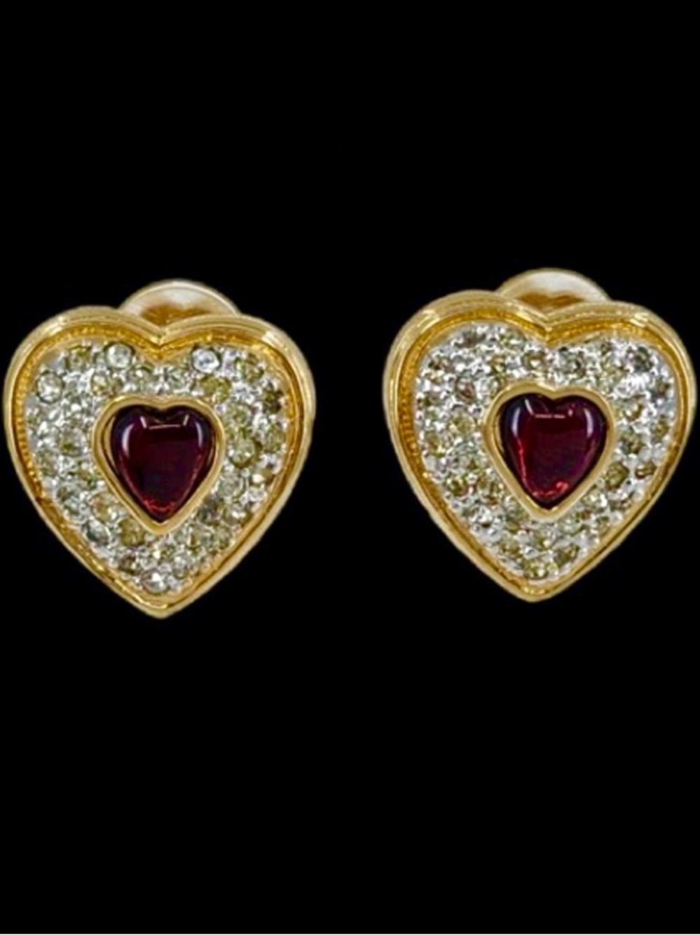 Vintage 90's Judith Leiber Glass & Crystal Jeweled Heart Clip-On Earrings Garnet